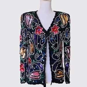 VINTAGE BLACK PURE SILK BEADED SEQUIN LONG SLEEVE OPEN FRONT CARDIGAN  BLAZER